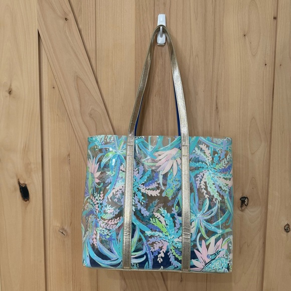 Lilly Pulitzer Clear PVC Sweet Escape Print Tote Flora Beach Bag Gold Trim - Picture 6 of 16